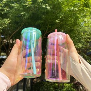 Vaso de cerveza iridiscente de 16 oz con tapas de colores y pajita, venta al por mayor, lata de vidrio de 16 oz con acabado arcoíris. - Product Image 5