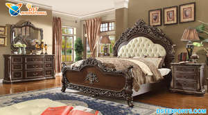 Lit touffu en cuir de Style européen, mobilier de chambre à coucher moderne luxueux sculpté à la main, avec support de chevet - Product Image 6