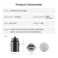Chargeur de voiture portable ultra-mini 30W à double port USB-C PD QC3.0, charge rapide, protection OTP/OVP, anneau de traction en alliage d'aluminium pour