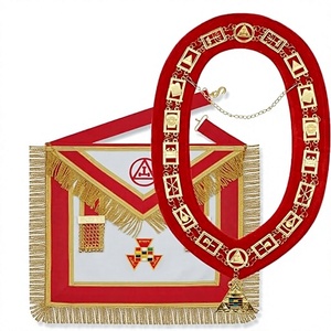 Conjunto de Regalia Masónica de Alta Calidad para el Arco Real, con Delantal Bordado a Mano con Hilos Metálicos, Collar de Cadena, Guantes y Joyas Rojas - Product Image 1