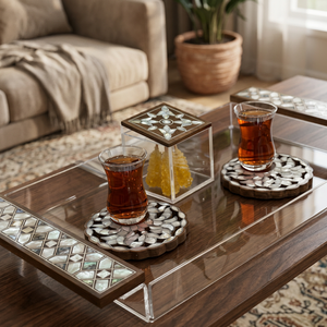 Gran oferta, bandeja para servir fregona marrón, posavasos con asas de perlas Madre, 2 uds., tarro acrílico, decoración india, artesanías hechas de madera con certificación EPCH - Product Image 3