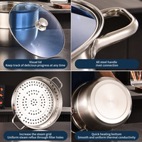 Lot de 6 casseroles en acier inoxydable, ensemble de marmites à vapeur double couche épaissies avec doubles poignées et couvercle en verre trempé