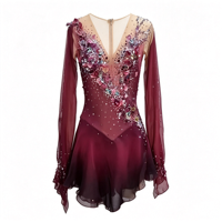 Robe de patinage artistique dégradé rouge bordeaux et noir, col en V, manches longues en maille, dos profondement ouvert, strass appliqués à la main, jupe asymétrique