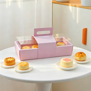 Boîte à gâteau rectangulaire rouge et rose, longue, pour gâteau roulé, cupcakes, biscuits, pâtisseries, emballage à emporter pour boulangerie avec couvercle transparent et poignée - Product Image 3