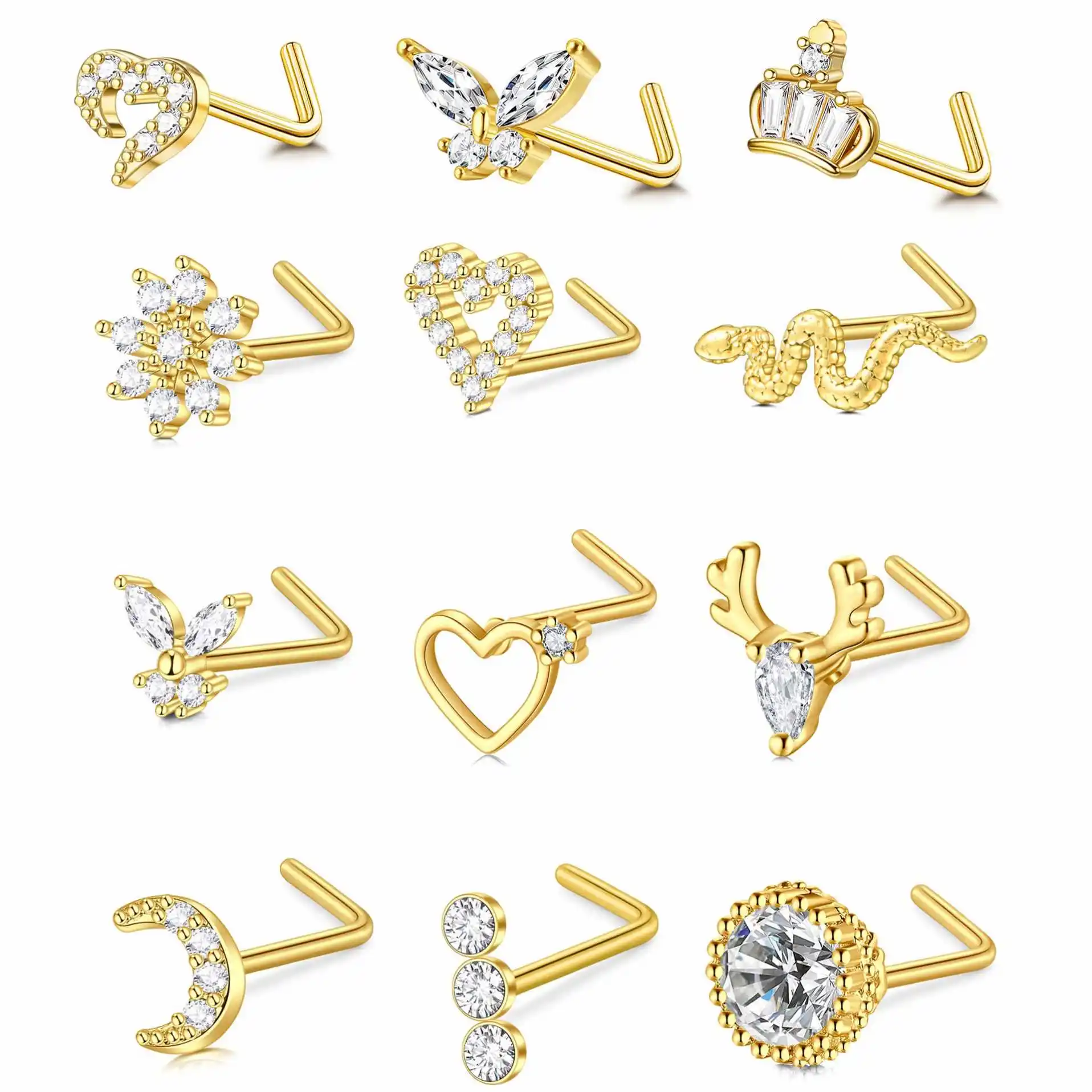 Gran oferta en forma de L CZ piedra corazón brillante cuerpo Piercing joyería para Mujeres Hombres chapado en oro Acero inoxidable nariz anillos Stud