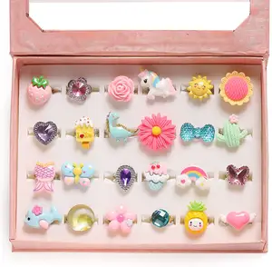 Hot Selling 24pcs Ring Set For Kids Lovely Cute Cartoon Gemstone Adjustable Dress Up Ring Sets Jewelry For Children