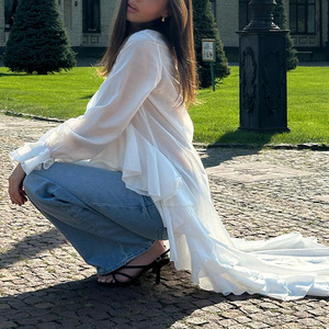 2025 Ruffle elegante camisa <span class=keywords><strong>blanca</strong></span> de manga larga acampanada para mujer Sheer Flowy Swing cuello en V asimétrico verano playa Maxi Top - Product Image 4