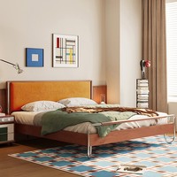 Lit moderne Bauhaus en chêne massif avec revêtement en velours nuage, taille Queen/King/Full, avec pieds en acier inoxydable pour chambre à coucher