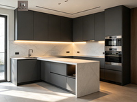 Meubles de cuisine modernes de luxe sur mesure en bois finition haute brillance, îlot central, panneau plat, design facile à nettoyer, armoire de rangement