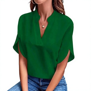 Chemisier élégant à manches courtes pour femmes, col montant, col en V, coupe ample, décontracté, chemise légère et douce à la mode - Product Image 1