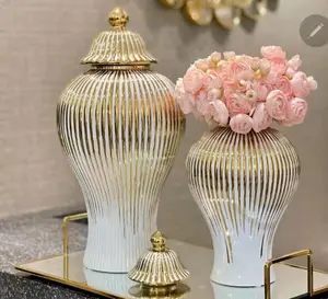 OEM ODM Custom Galvani sierte Luxus Weiß und Gold Home Dekorative Große Hohe Keramik Ingwer Glas Blumenvase mit Deckel
