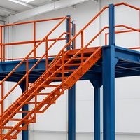 Plateforme de mezzanine en acier avec accès par escalier, plateforme de travail surélevée industrielle, plateforme de stockage en entrepôt