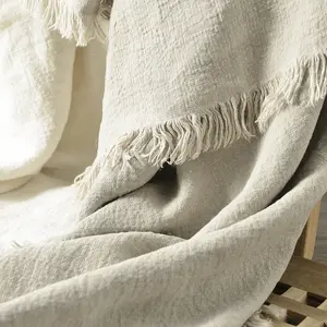 Lüks organik gazlı bez keten düz renk atmak battaniye kenevir battaniye yatak için püskül ile