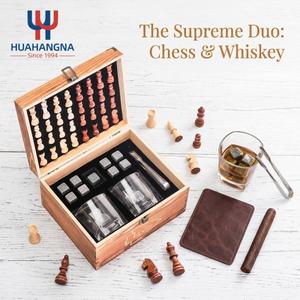 Custom Logo Modern 9oz Square Whiskey Glass & <b>Chess</b> <b>Set</b> with Stones in <b>Wood</b> Box for Father's Day Men's Birthday Gift - Product Image 3