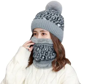 女式冬季针织豆豆帽子和围巾套装女孩可爱懒散厚羊毛衬里滑雪帽保暖骷髅帽带Pom