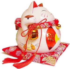 Tirelire en céramique blanche 8 pouces, Maneki Neko, porte-bonheur pour chat, Style ventilateur rouge - Product Image 1