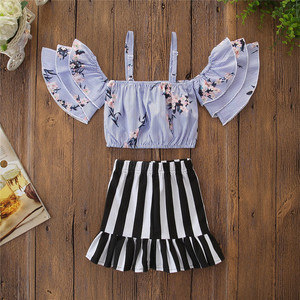 E2woo 2022 Vêtements pour enfants Nouvelle collection été Haute qualité Boutique Filles Chemise rayée à bretelles Ensemble de vêtements pour enfants en deux pièces - Product Image 2