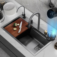 Évier multifonction de luxe anti-rayures évier de cuisine à cascade noire évier en acier inoxydable à cuvette unique avec robinet