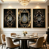Lot de 3 affiches Eid Al Fitr, toile marbrée, peinture en porcelaine diamantée, calligraphie islamique arabe, art mural avec cadre