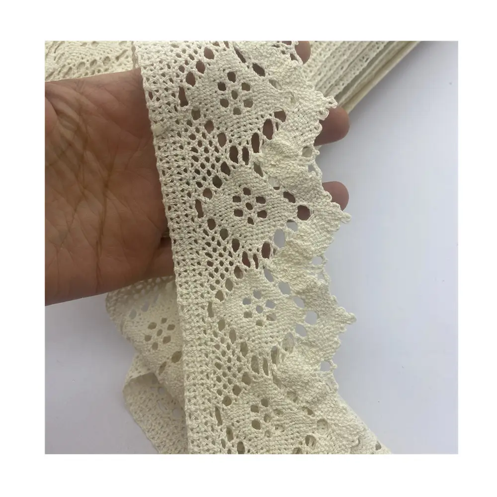 Wholesale Wide 7cm beige Cotton Lace Trim crocheted cotton lace garment trimming for dress DIY