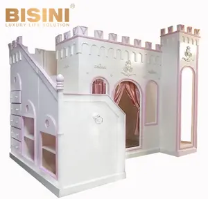 Children Wooden Castle Bunk Bed Custom Made Cabin Princess Bed With Bookcase
