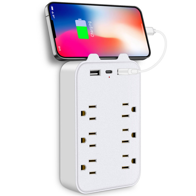 Portable USA Standard Extension Power Strip Adapter 6 Outlets 2 USB 1 Type-C Port Wall Charger Power Socket