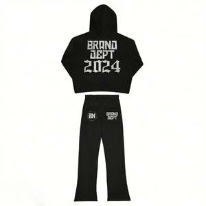 Ensemble de jogging évasé patchwork en coton vieilli personnalisé pour hommes, sweat à capuche court, pantalon de survêtement, broderie, appliques, décontracté pour l'automne - Product Image 3