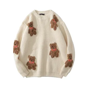 KGYA Pola Desain Khusus Jacquard Puff Cetak Vintage Beruang Leher Bulat Sweater Rajut
