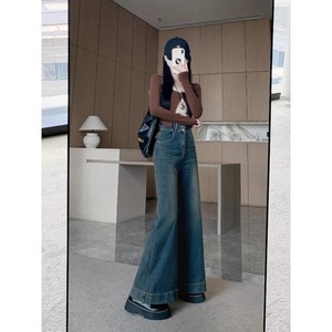2025 rétro bleu taille haute jean droit femmes deux boutons conception mince ample jambe large pantalon japonais coréen loisirs Style - Product Image 2