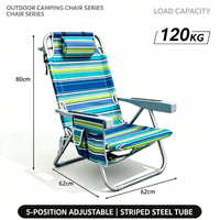 Chaise de plage pliable pour l'extérieur, chaise longue de camping portable à 5 positions inclinables avec appui-tête, poche latérale et sac isotherme