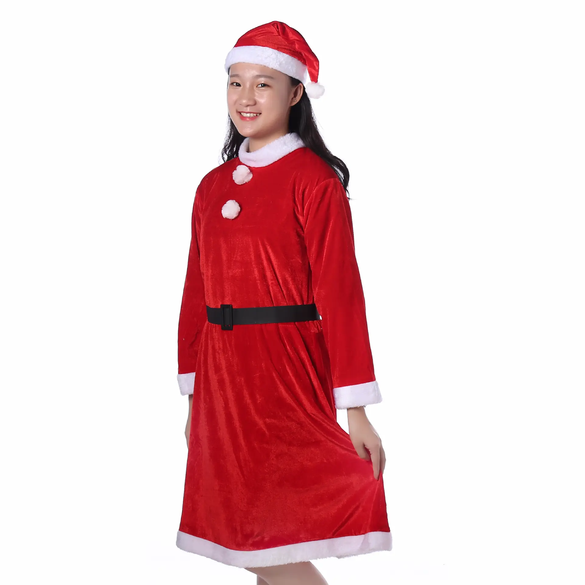 Golden Velvet Christmas Clothes Christmas Party Cosplay Costume Adult Women's Clothing Dress Belt Hat Set 3 Suit