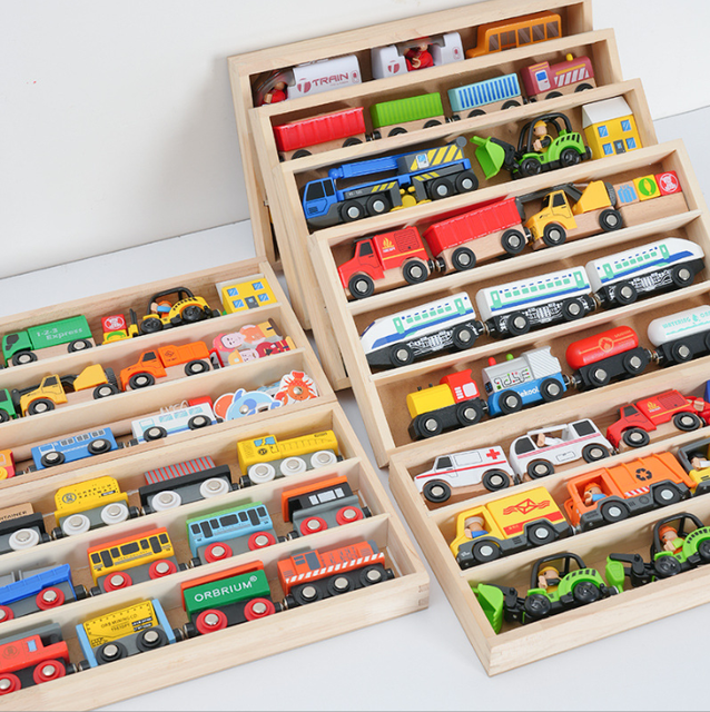 Wooden Train Set 12 PCS Magnetic Train Toys with 3 Engines Wood Color for Kids & Toddlers Boys Guangdong