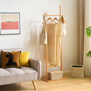 Solid Wood Floor <b>Standing</b> Clothes Rack Rectangle Bedroom Clothing Organizer Hanging Rack With <b>Hat</b> Hook And Bag Hook - Product Image 3