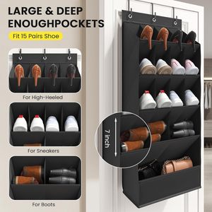 Over The Door <b>Shoe</b> Organizer 18 Pairs Hanging <b>Shoe</b> Rack With Breathable Pockets For Boots And Handbags Black Oxford Fabric - Product Image 4