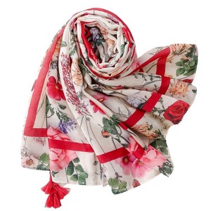 High Quality Elegant Floral Pattern Printed Shawls Summer Tropical <b>Leaf</b> Hand-made Tassels Viscose Cotton Printed Fringed Scarf - Product Image 3