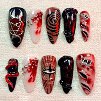 Faux ongles à presser en amande, style français, pour fête d'Halloween, avec perles en plastique 3D sculptées pré-faites, effet œil de chat et motif floral, vente en gros