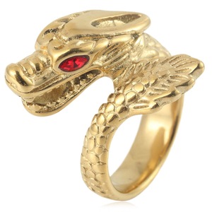 Bague tête de dragon yunnique en or avec yeux rouges, bijoux punk pour homme, style zodiaque animal - Product Image 1