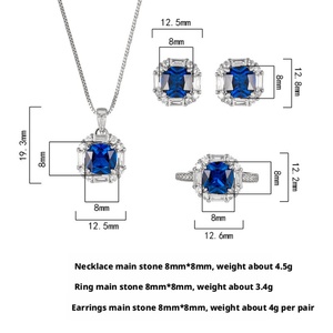 Wholesale Eco-friendly Copper Square Geometric Jewelry <b>Set</b> Round Cut 8*8mm Blue Cubic Zirconia <b>Earrings</b> Necklaces Ring for Women - Product Image 6