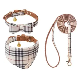 Kalung dan Tali Anjing Berbahan Lembut Motif Kotak-kotak Klasik untuk Hewan Peliharaan, Set Kalung dan Tali Anjing Kucing, Set Bandana Kucing - Product Image 1