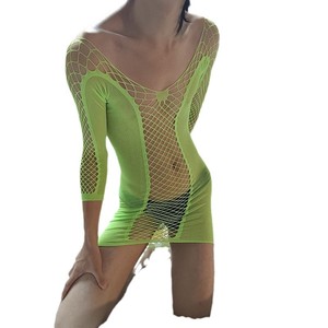 Vestido ajustado de malla amarillo verde con cuello en V, cintura ceñida, tejido de punto, transparencias, estilo casual G458 - Product Image 5