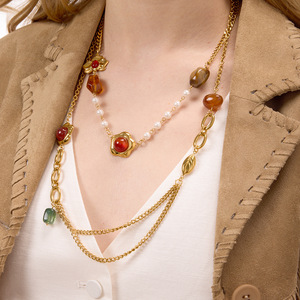 Collar de resina retro de diseño, joyería de acero inoxidable, forma geométrica de planta, elemento de perla, regalo para mujer - Product Image 3