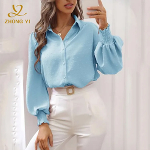 Vente en gros de vêtements personnalisés pour femmes chemisier Jacquard uni revers manches ballons amples poignets élastiques bras longs chemises décontractées hauts - Product Image 2