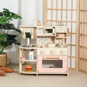 Cute <b>Pink</b> Custom Kids Kitchen Chef Portable Promotional Pretend Play Set with Coffee Machine Microwave Oven Cookware Accessories - Product Image 3