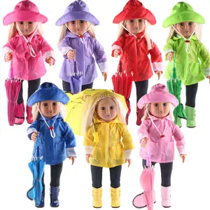 뜨거운 판매 제품 단색 18 인치 인형 비옷 6 종 세트 비옷 세트 비옷과 우산 인형 액세서리