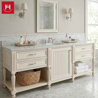 Meuble-lavabo double vasque en bois massif blanc Happy Houses avec tiroirs, étagère ouverte, quincaillerie argentée et plateau en marbre