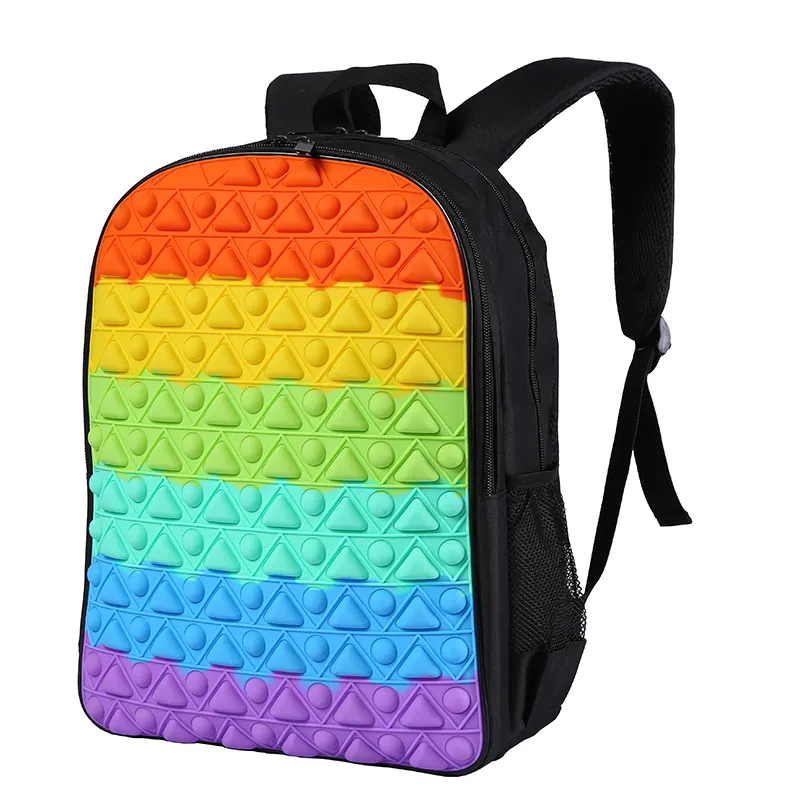 Wholesale amazon 16 inch triangle circle student decompression fidget pop backpack kid school bags with push bubble silicone
