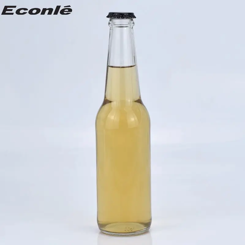 Venta al por mayor botellas de cerveza 330 ml 250 ml 350 ml botella de vidrio de pedernal transparente reciclada personalizada con tapa de corona