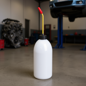 Botella de plástico para verter aceite con boquilla roja y tapón amarillo para uso automotriz - Product Image 3