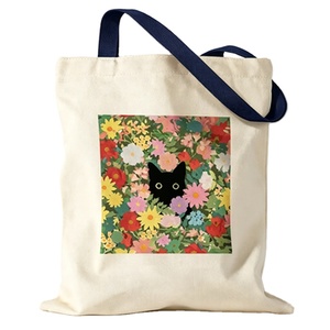 Sac fourre-tout en toile à imprimé animalier chat noir et floral pour femme - Grand format (>50cm) Design mignon pour l'école, le travail, la plage, les voyages, les courses - Product Image 1