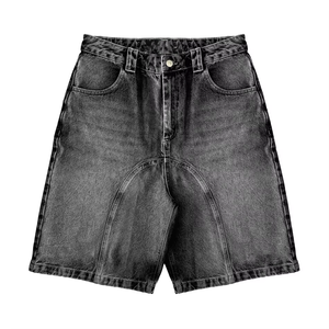 Bouton personnalisé étiquette en <span class=keywords><strong>cuir</strong></span> avant dos broderie Denim Shorts garçons couper et coudre lavé gris Jorts 2025 été - Product Image 1